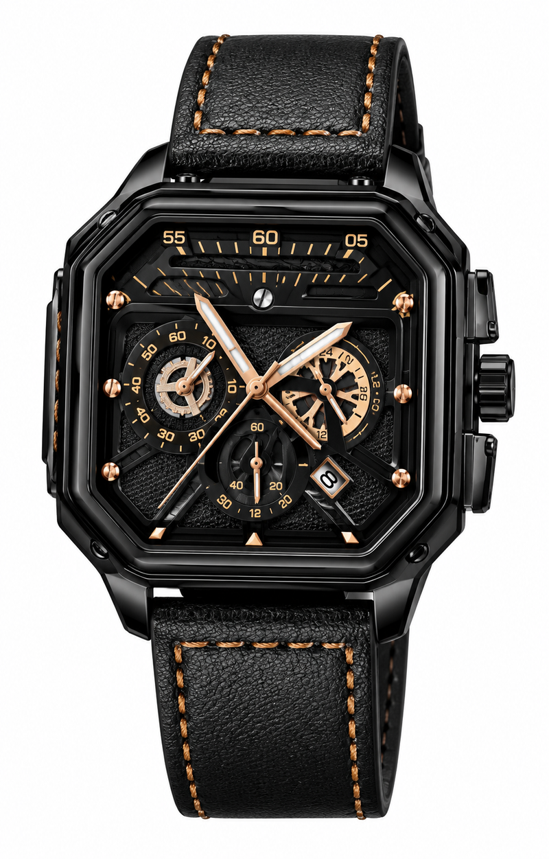 Relógio Masculino Casual Luxo – Quadrado, Mostrador Grande e Pulseira de Couro