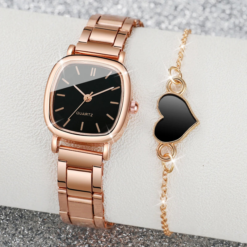 Kit Relógio Feminino + Pulseira de Coração – 2 Peças, Elegante e Delicado